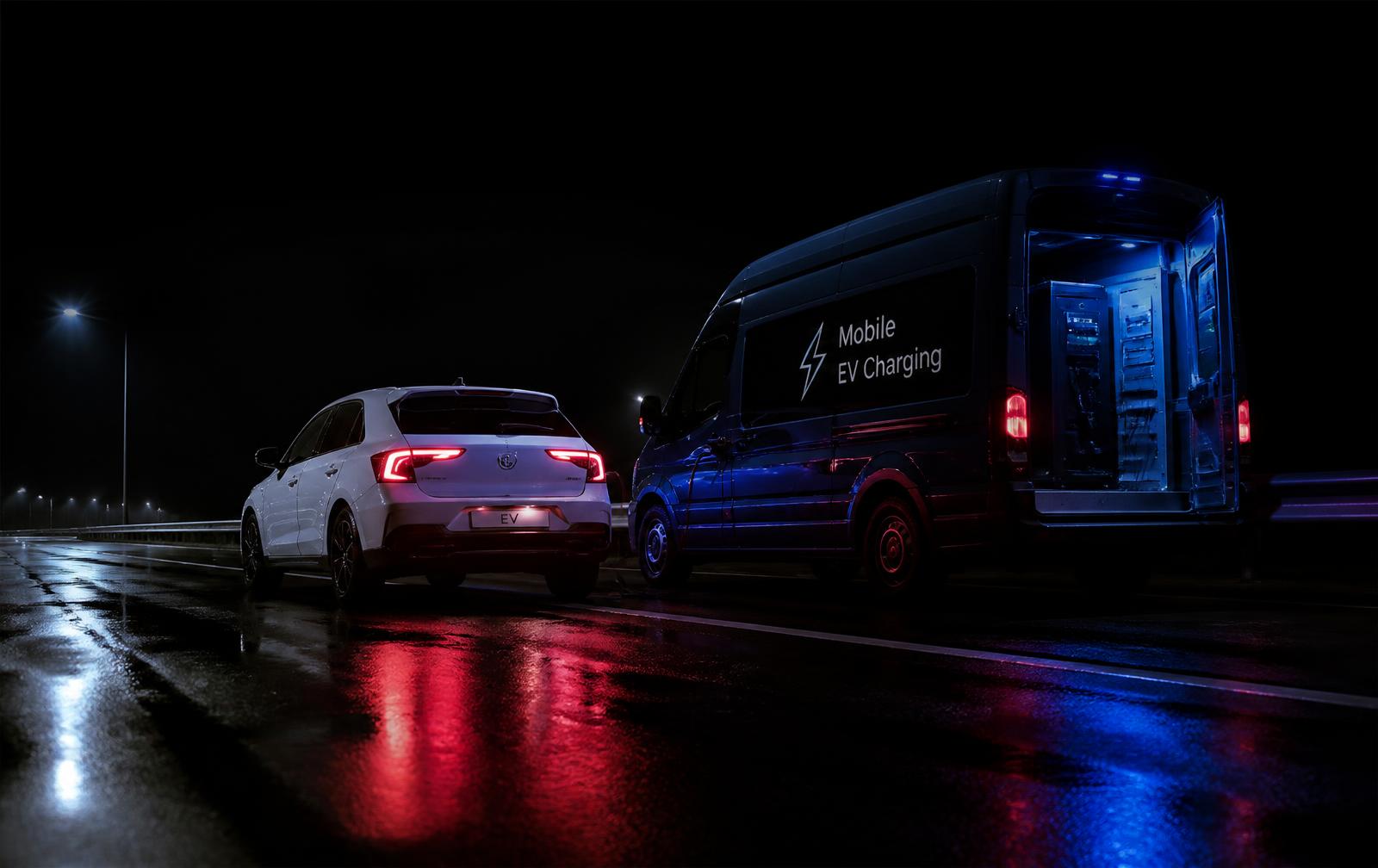 Mobile EV charging van assisting an electric car at night